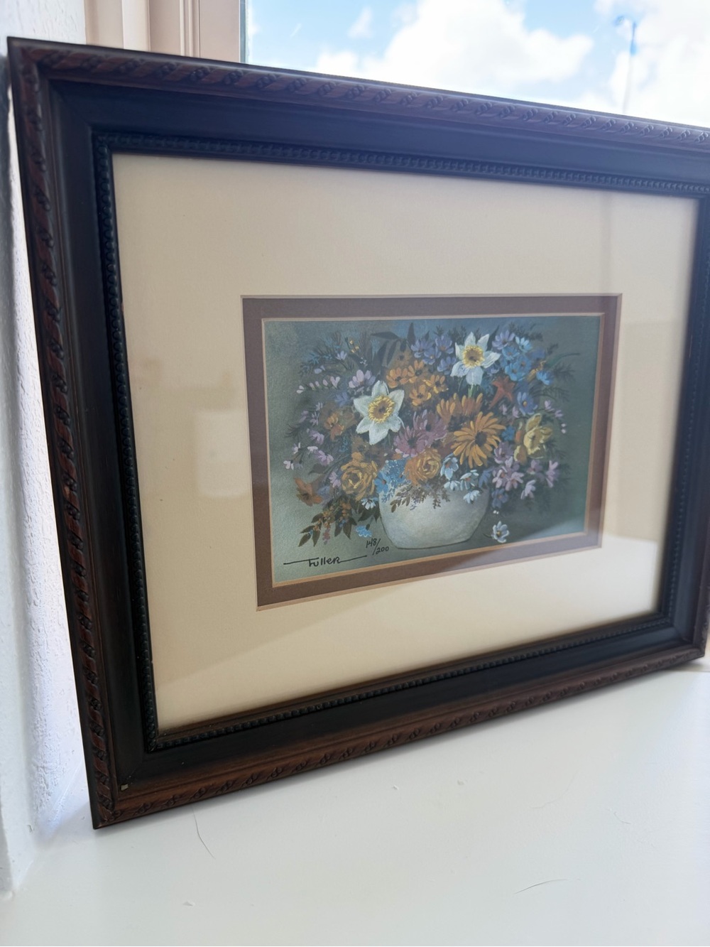 Lu Fuller signed Framed Floral Bouquet Wall Art - Cream Mat, Brown Frame